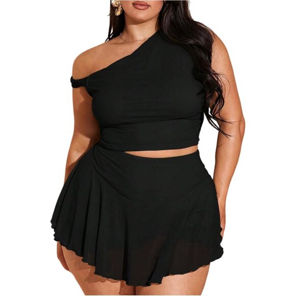 Plus Size Women's Mesh Two Piece Outfit Crop Top Ruffle Skirt Summer Set - Picture 1 of 5